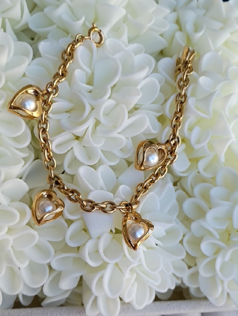 Gold Heart Pearl Charm Bracelet - Women Jewelry Vintage 7.5in